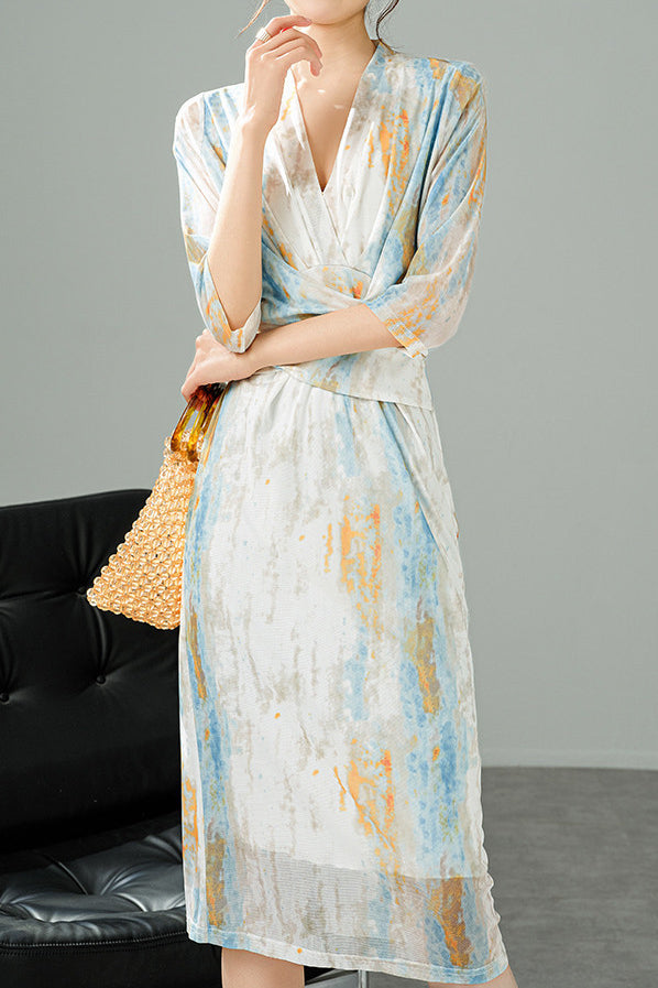 V-Neck Colorful Ink Print Long Dress with Lining - liwisi