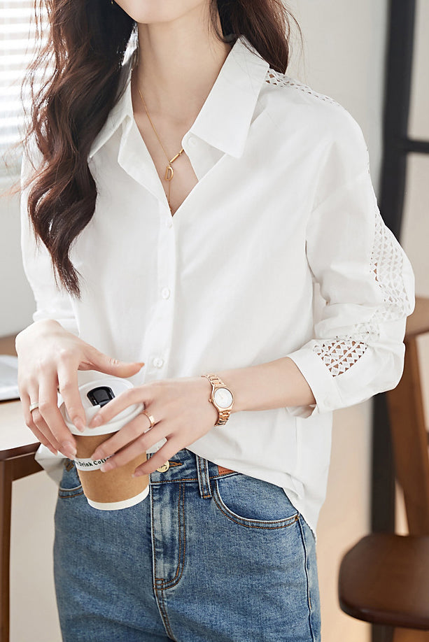 Sheer Lace Contrast Drop Shoulder Shirt - liwisi