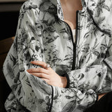Stand Collar Ink Print Piped Hem Blouson - liwisi