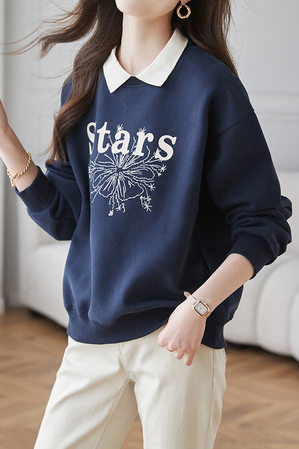 Casual Letter Embroidered Faux Layered Collar Sweatshirt - liwisi