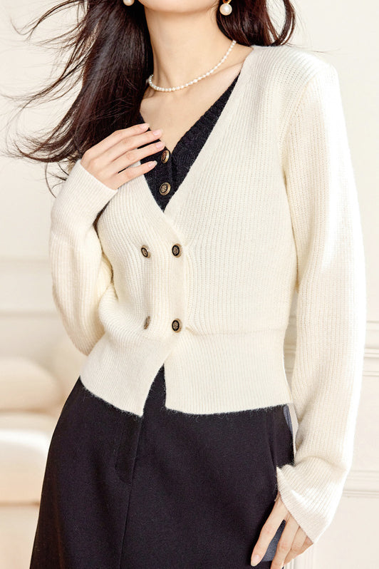 Faux Two-Piece Double Button Bi-Color V-Neck Knit - liwisi