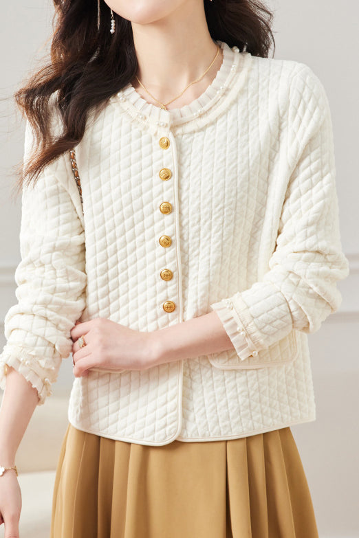 Elegant Ruffled Collar Pearl Decor Jacket - 3 Colors Available - liwisi