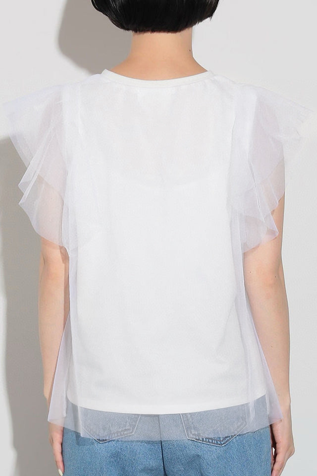 Round Neck Double Tulle Flare Sleeve T-Shirt - 2 Colors Available - liwisi