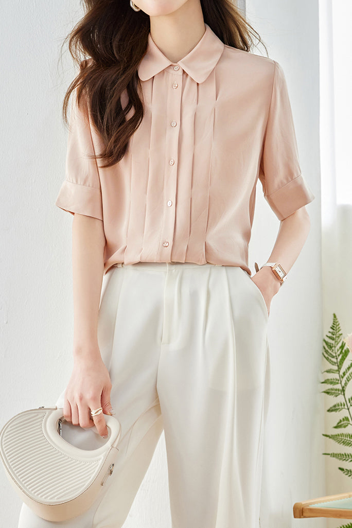Peter Pan Collar Front Tuck Satin Blouse - 2 Colors Available - liwisi