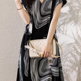 V-Neck Line Print Tie-Belted Dress - liwisi