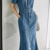 V-Neck Front Slit Mermaid Denim Dress - liwisi