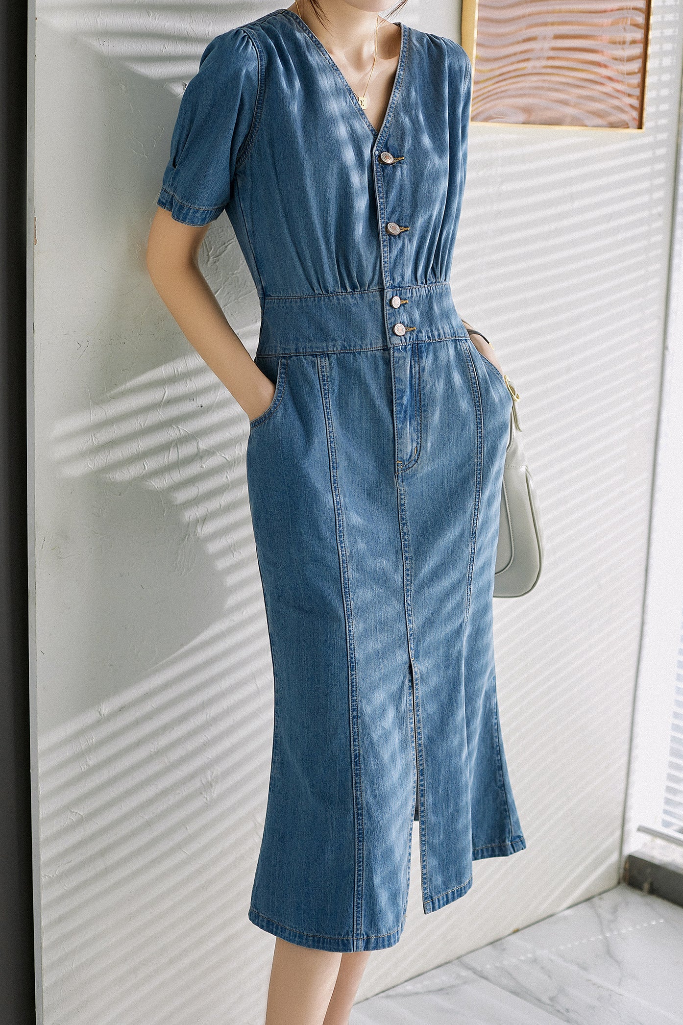 V-Neck Front Slit Mermaid Denim Dress - liwisi