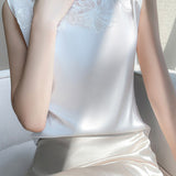 Round Neck Embroidered Lace Contrast Satin Vest - 3 Colors Available - liwisi