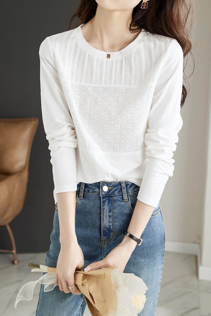 Round Neck Flower Embroidered Lace Contrast Blouse - liwisi