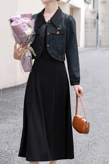 Two-Piece Set: Stand Collar Wrap Jacket + Casual Long Dress - 2 Colors Available - liwisi