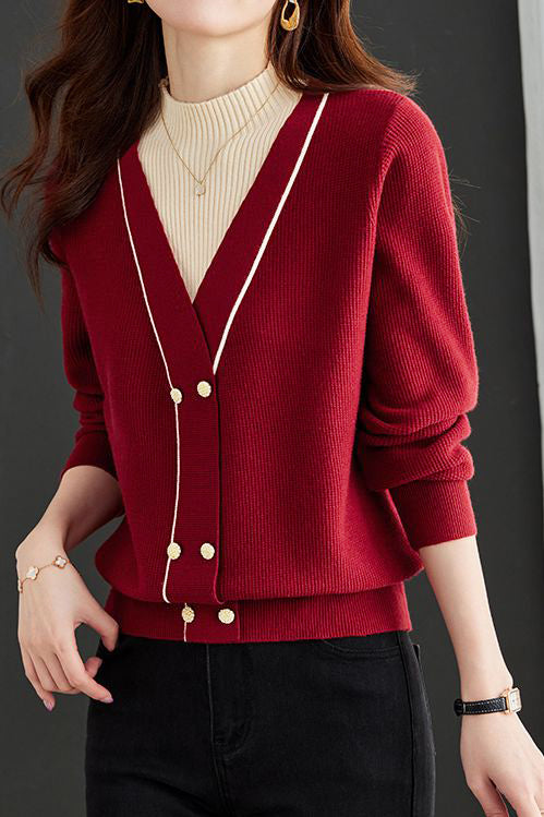 Contrast - color fake two - piece knitted sweater - liwisi