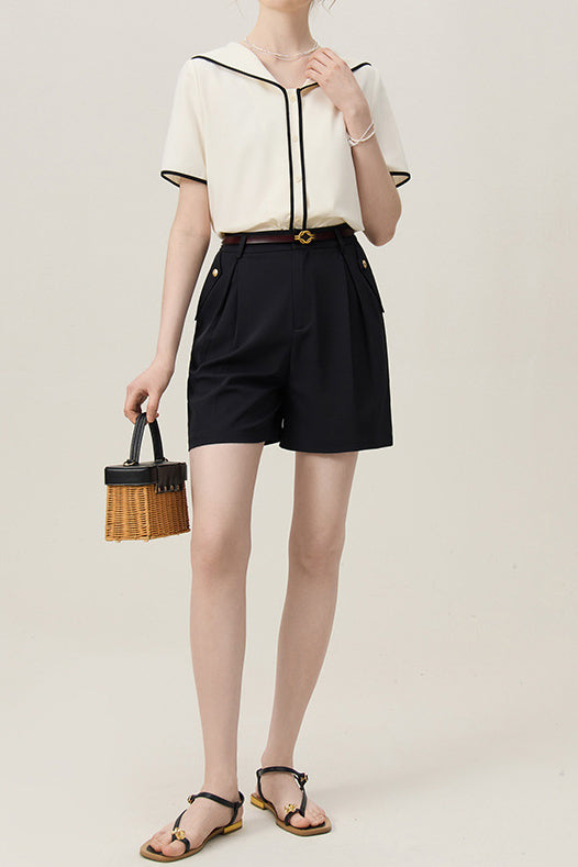 Sailor Collar Contrasting Piping Hem Sheer Blouse - liwisi