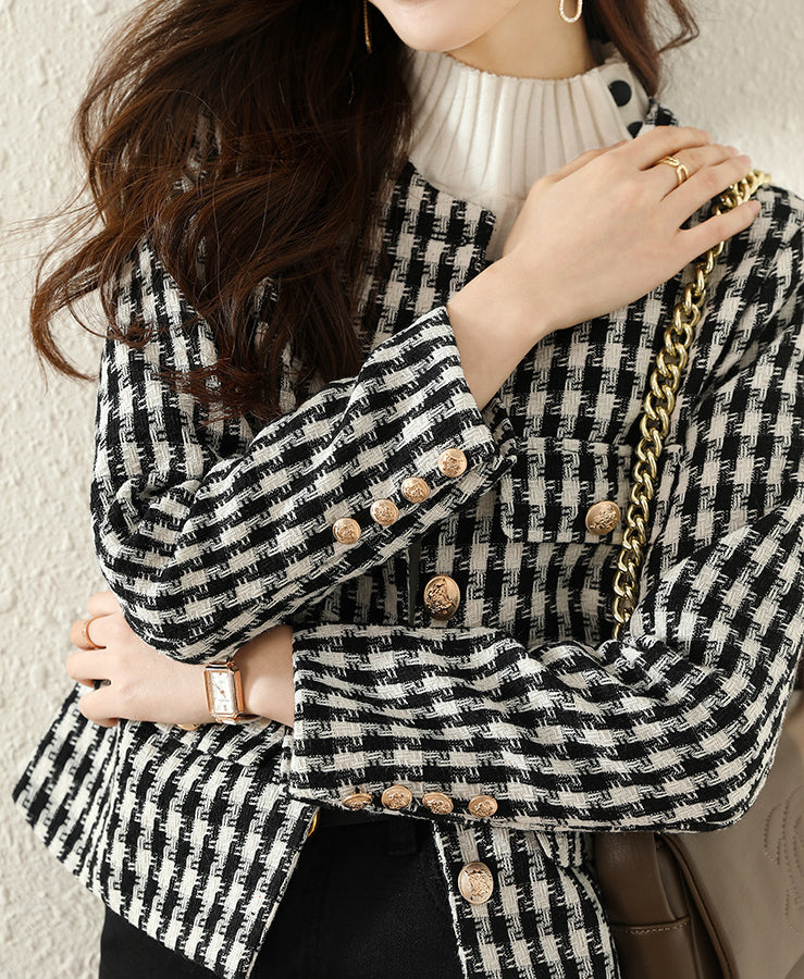 Elegant-Inspired Monochrome Houndstooth Single-Breasted Jacket with Lining - liwisi