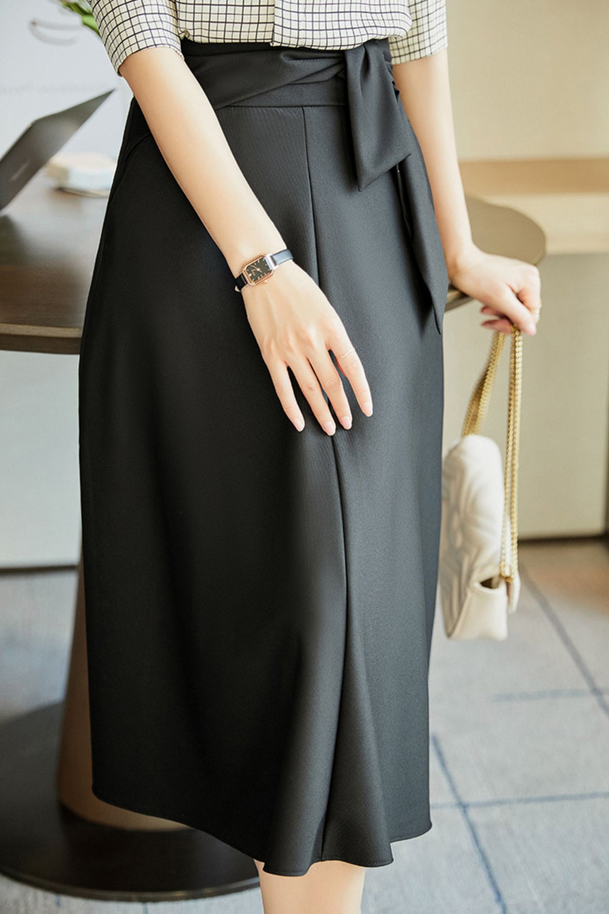 Volume Semi-Flare Skirt with Tie Belt - liwisi