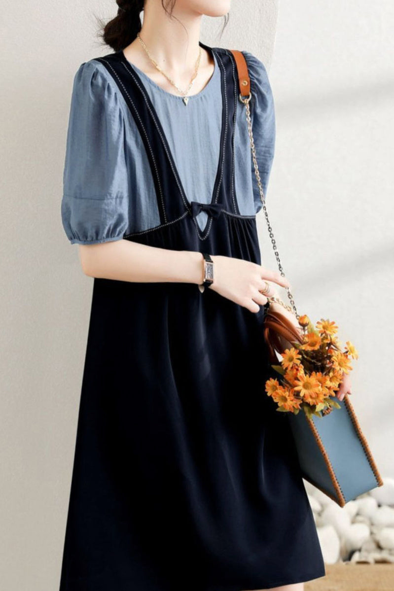 Layered Look Stitch Decor Semi-Flare Dress - 2 Colors Available - liwisi