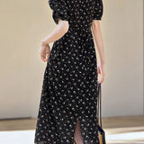 V-Neck Floral Long Tie-Belted Dress - liwisi