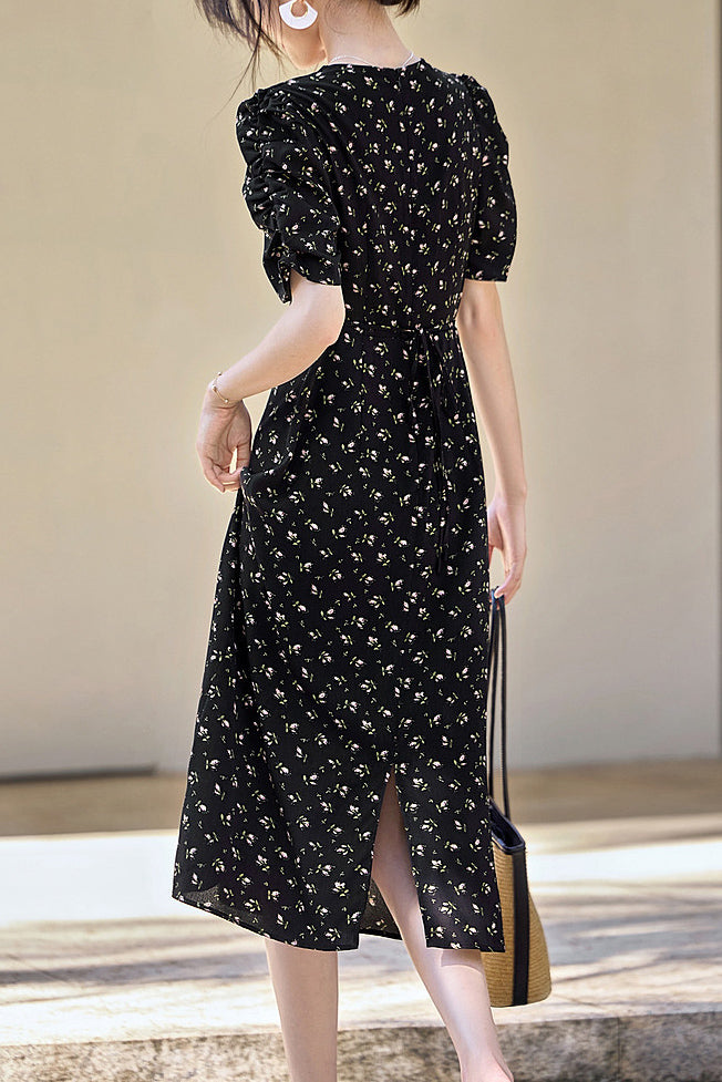 V-Neck Floral Long Tie-Belted Dress - liwisi