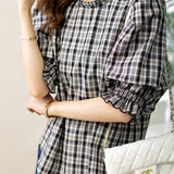 Ruffle Decor Round Neck Check Blouse - liwisi