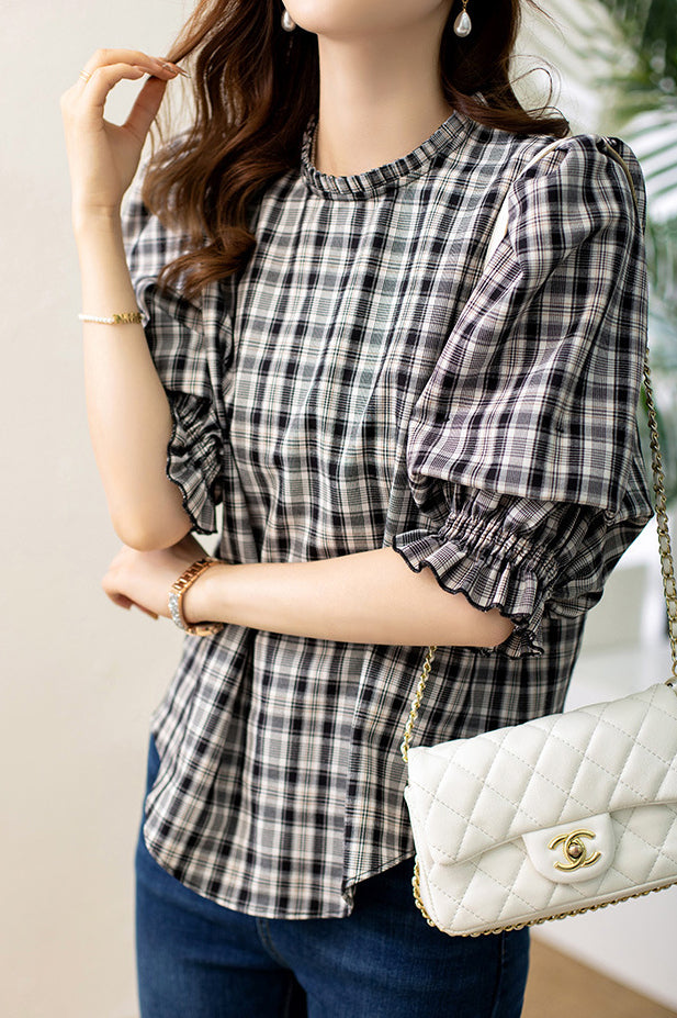 Ruffle Decor Round Neck Check Blouse - liwisi