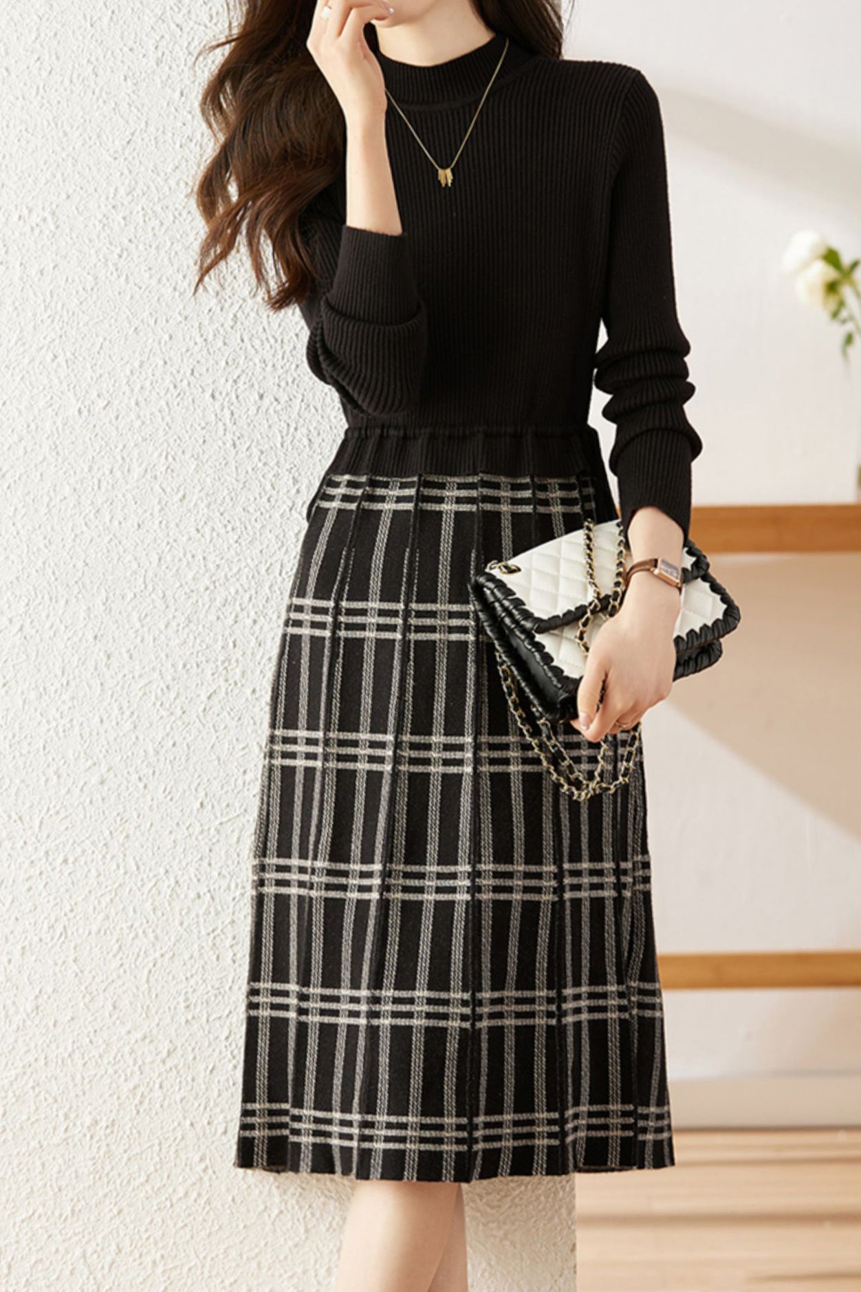 Drawstring Check Contrast Knit Dress - 2 Colors Available - liwisi