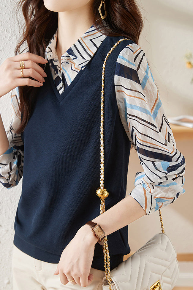 Layered Look Printed Contrast Vest Shirt - liwisi