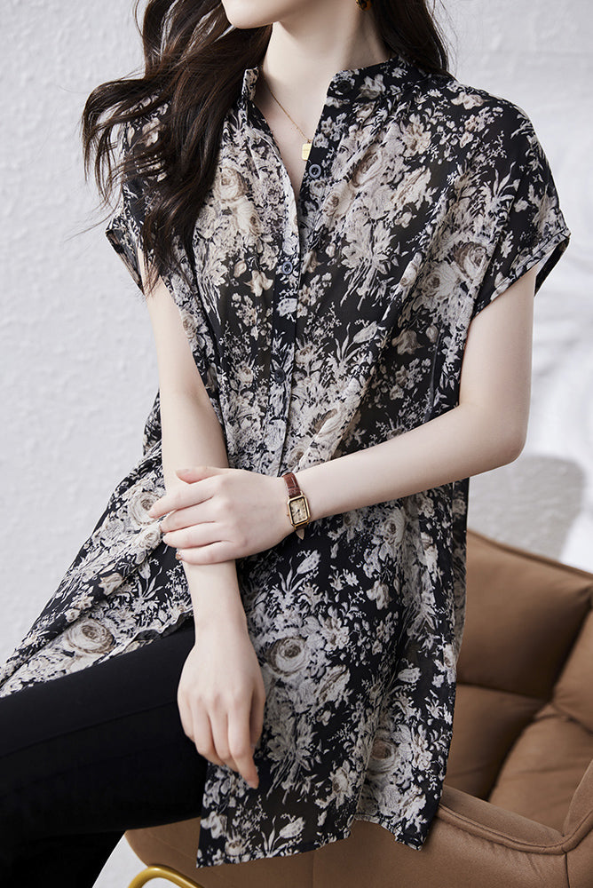 Skipper Collar Side Slit Flower Print Shirt - liwisi