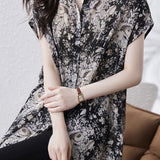 Skipper Collar Side Slit Flower Print Shirt - liwisi