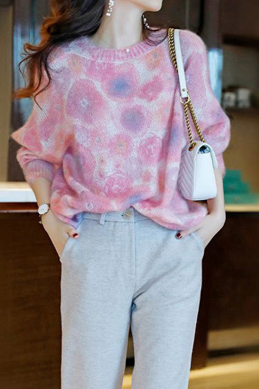 Round Neck Printed Pattern Knit Top - 2 Colors Available - liwisi