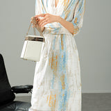 V-Neck Colorful Ink Print Long Dress with Lining - liwisi