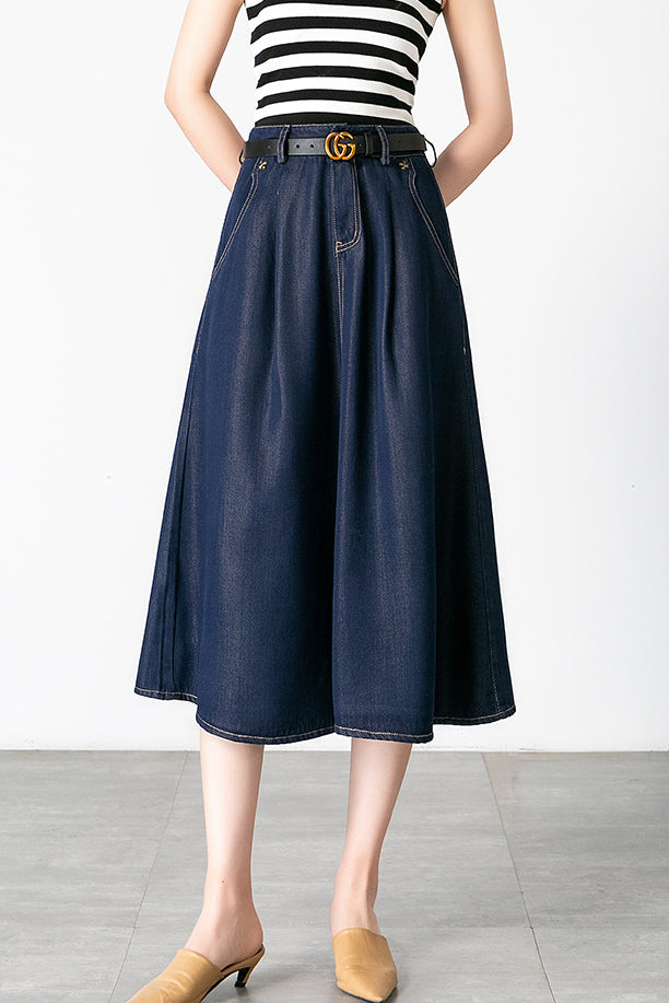 Side Pocket Long Flare Denim Skirt - 2 Colors Available - liwisi