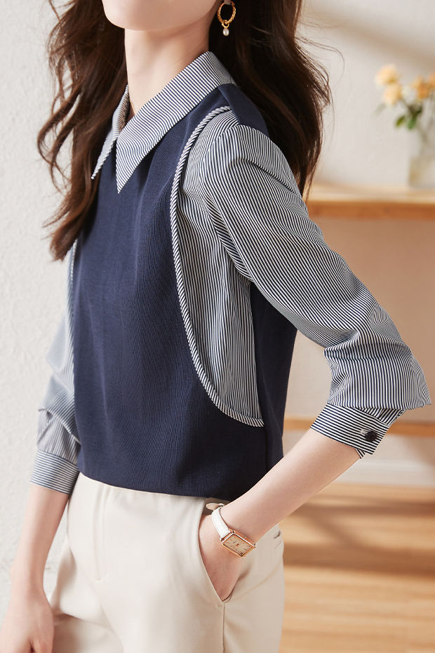 Commuter Versatile Polo Collar Stripe Long-Sleeve Fake Two-Piece Sweatshirt - liwisi