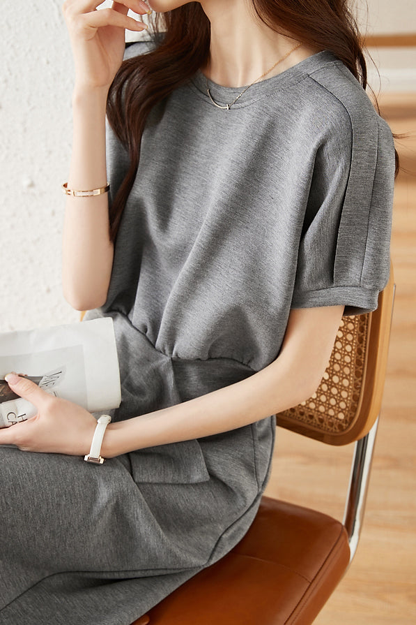 二点セット フロントクロスストレッチTシャツ+バックスリットストレッチロングスカート - liwisi