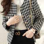 Elegant-Inspired Monochrome Houndstooth Single-Breasted Jacket with Lining - liwisi