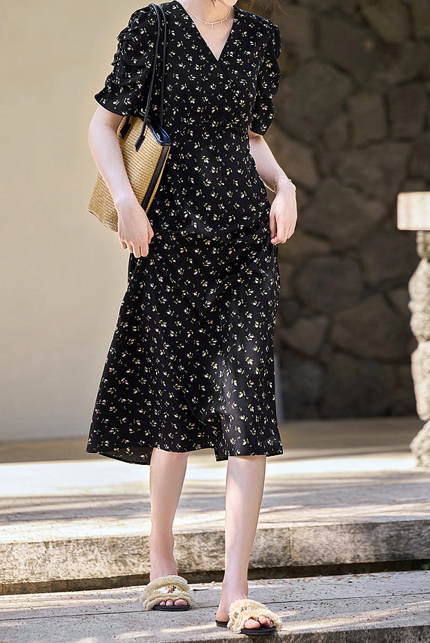 V-Neck Floral Long Tie-Belted Dress - liwisi