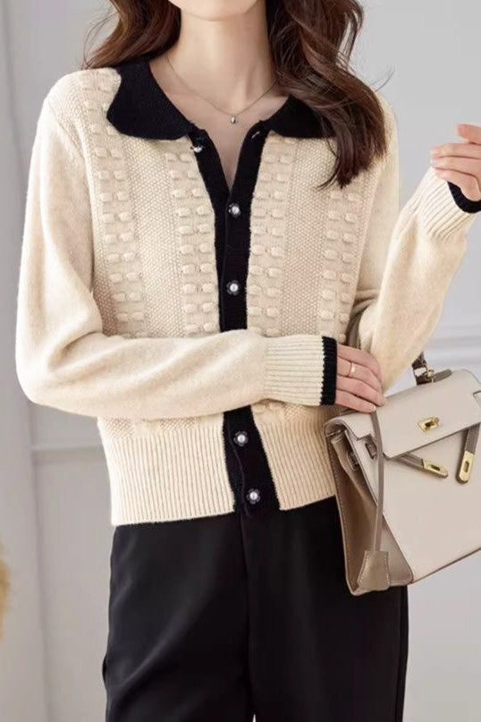 Shirt Collar Jacquard Knit Cardigan - 2 Colors Available - liwisi