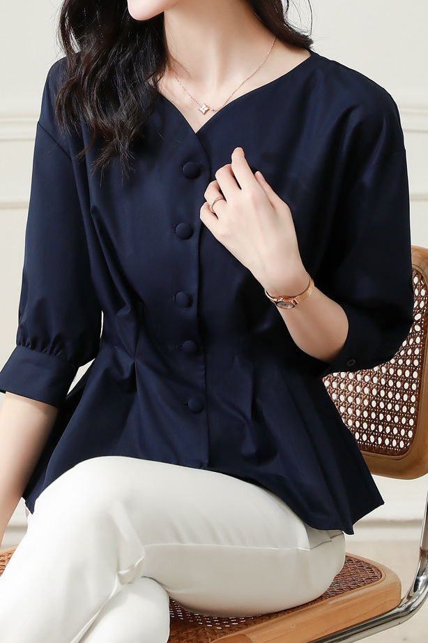 Elegant Office Seven-Sleeve Waist-Slimming Pleated Shirt - liwisi
