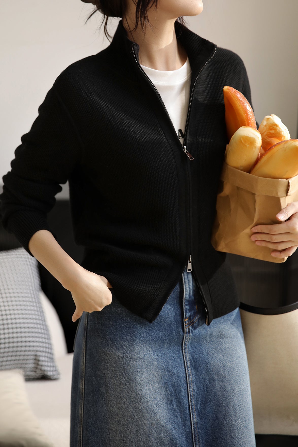 Tall Collar Classic Knit Blouson - 3 Colors Available - liwisi