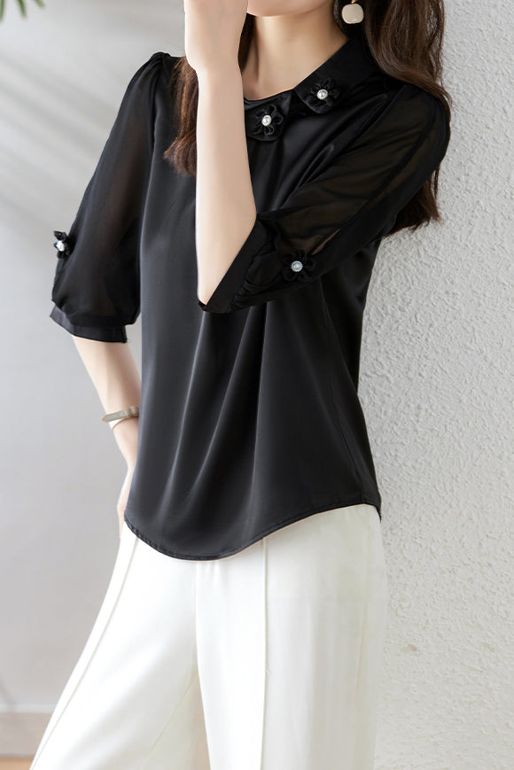 Diagonal Shirt Collar 3D Flower Pearl Decor Satin Blouse - 2 Colors Available - liwisi