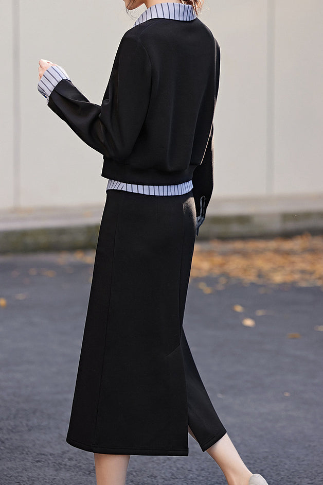 Shirt Collar Color-Block Two-Piece Set - liwisi