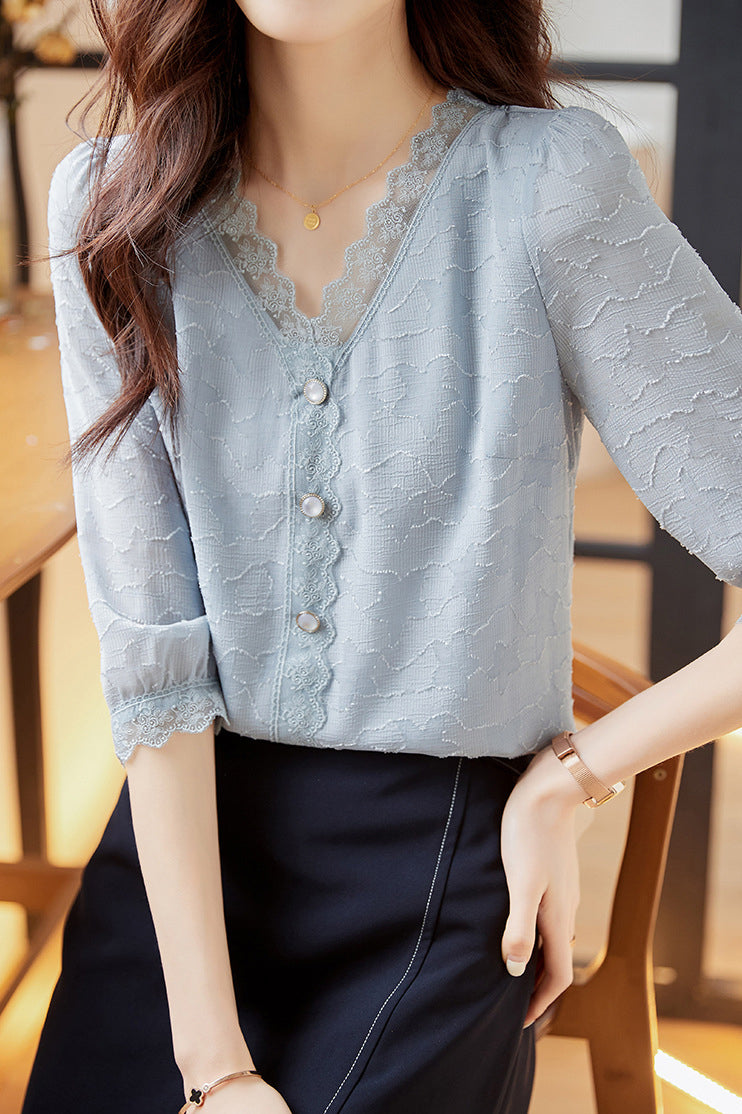 V-Neck Star Pattern Lace Hem Short Sleeve Blouse with Lining - liwisi