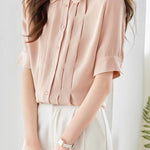 Peter Pan Collar Front Tuck Satin Blouse - 2 Colors Available - liwisi