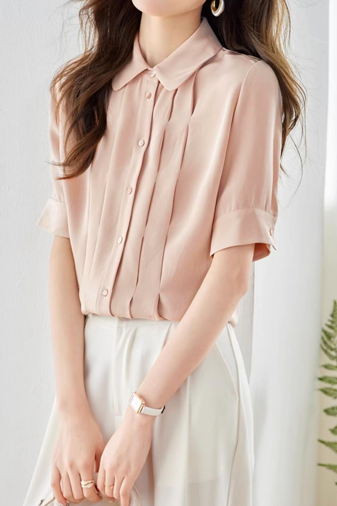 Peter Pan Collar Front Tuck Satin Blouse - 2 Colors Available - liwisi