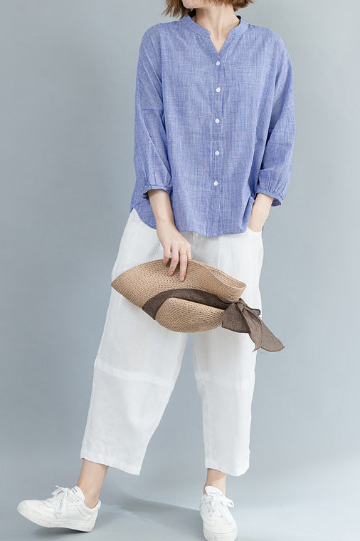 Skipper Collar Check Pattern Three-Quarter Sleeve Shirt - 2 Colors Available - liwisi