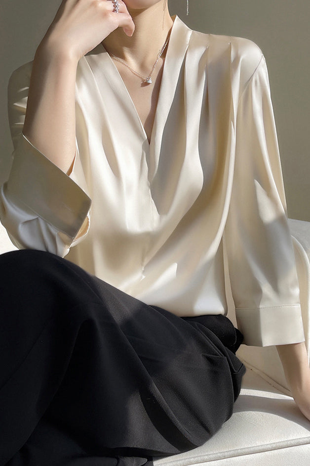 V-Neck Front Tuck Satin Blouse - 5 Colors Available - liwisi