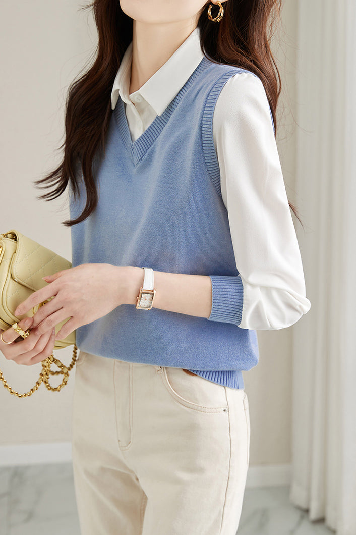 Layered Look Shirt Collar Bi-Color Blouse - liwisi