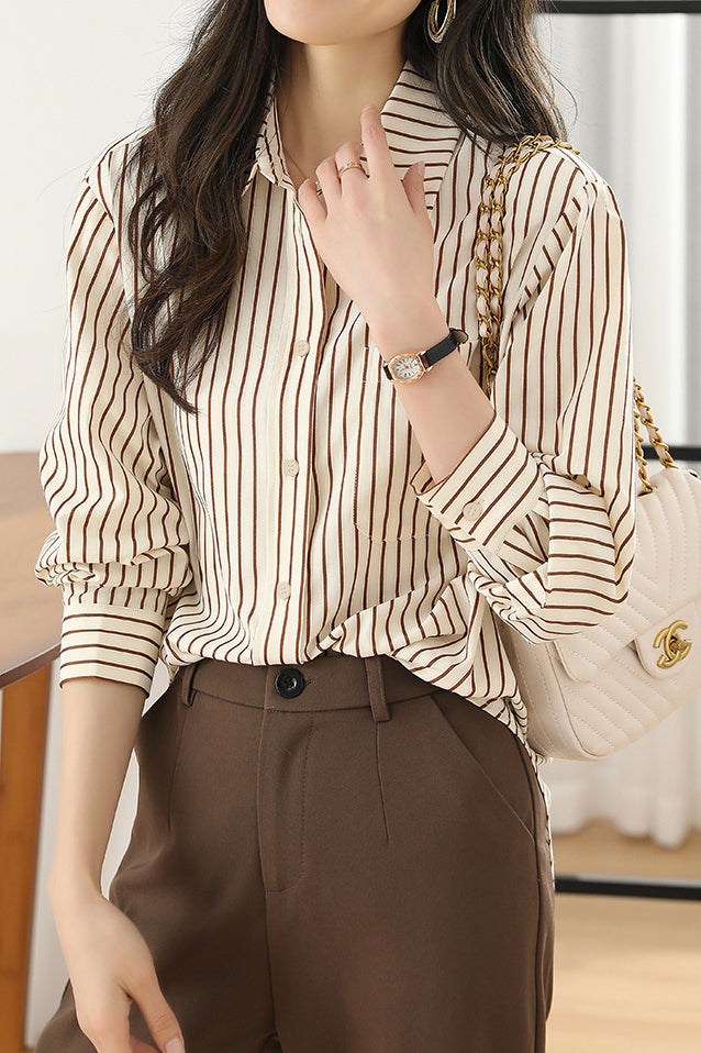 Basic Shirt Collar Striped Bi-Color Shirt - liwisi