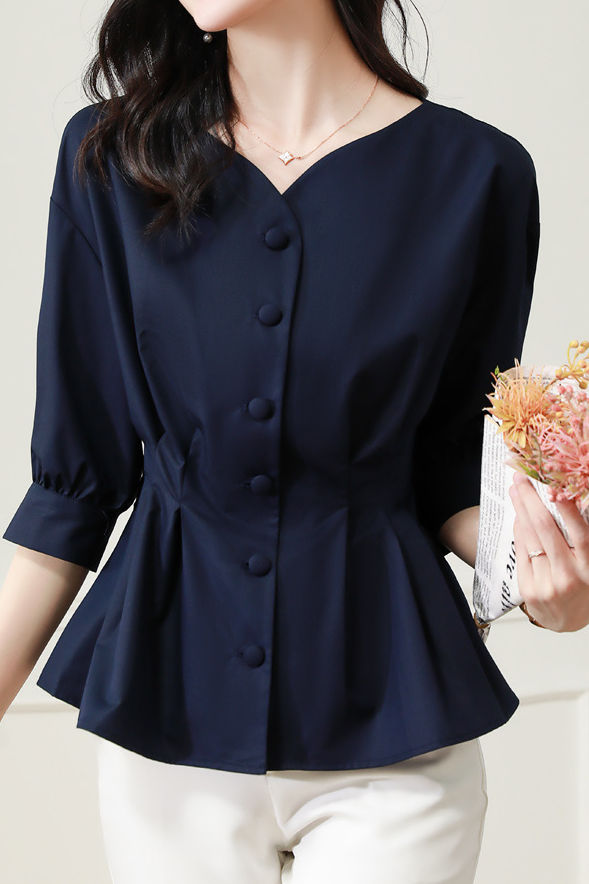 Elegant Office Seven-Sleeve Waist-Slimming Pleated Shirt - liwisi
