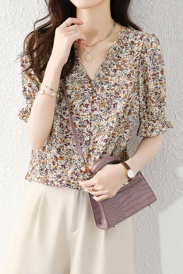 V-Neck Shirring Hem Floral Blouse - liwisi