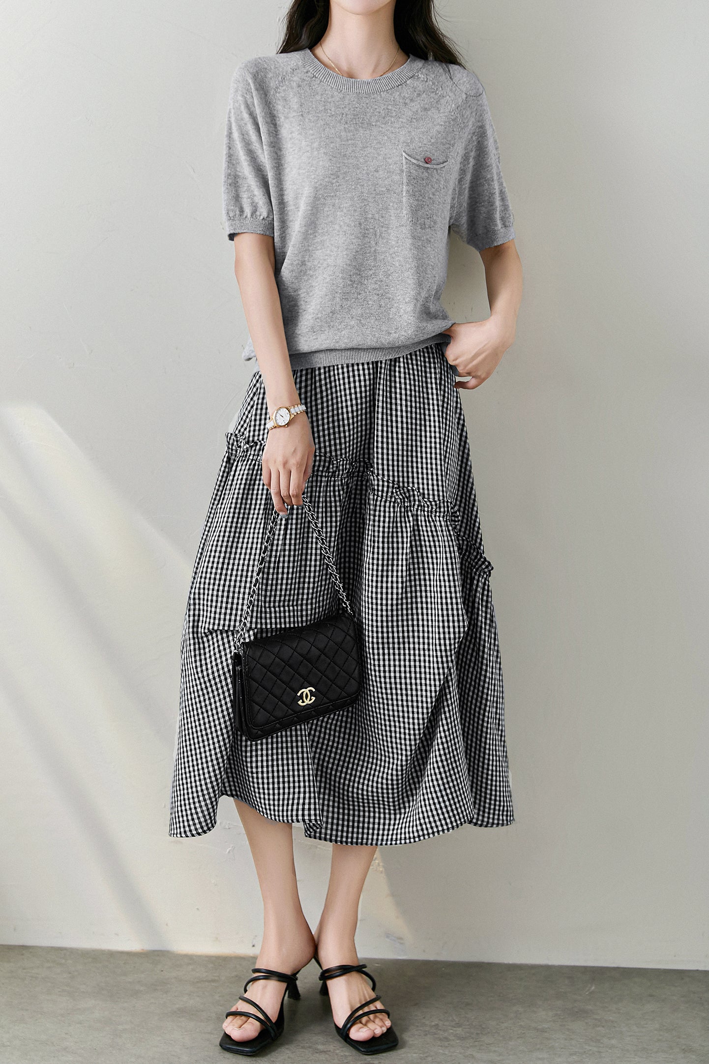 Asymmetrical Contrast Ruffle Decor Long Check Skirt - liwisi