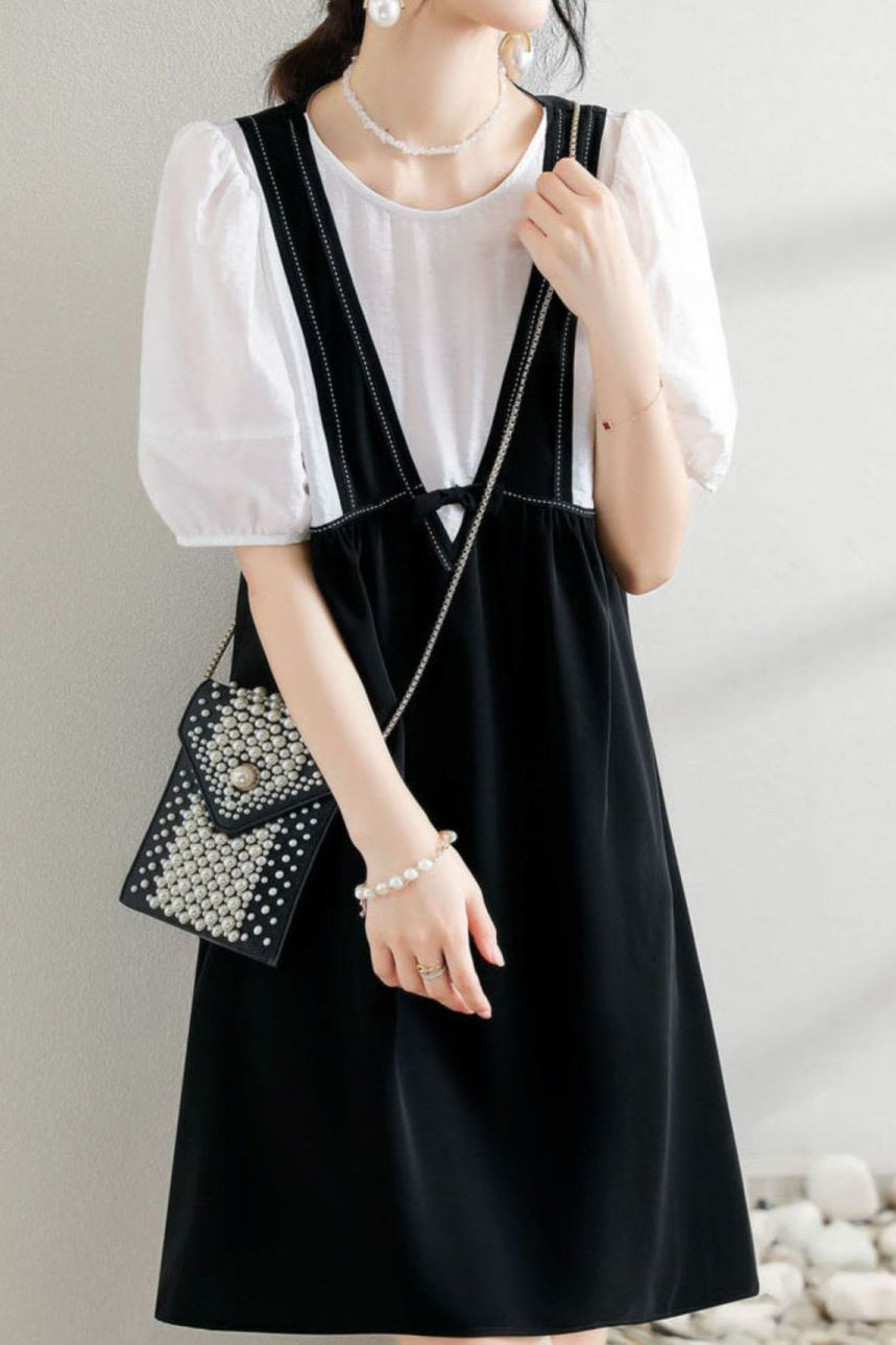 Layered Look Stitch Decor Semi-Flare Dress - 2 Colors Available - liwisi